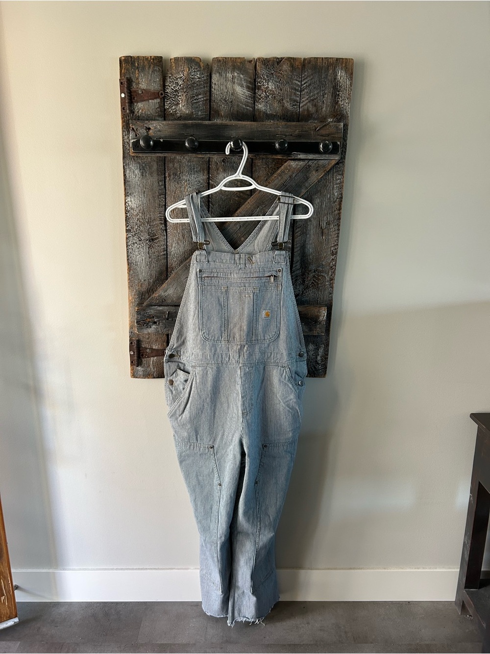 Men's Carhartt Light Blue & White Stripe Double Knee Denim Overalls